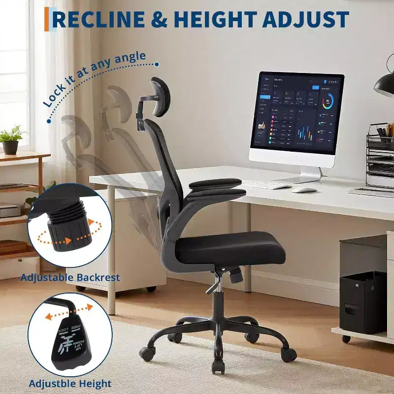 Sedia da ufficio ergonomica in rete con poggiatesta regolabile e braccioli ribaltabili