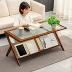 Rattan Coffee Table with Glass Top, Mid Century Modern Center Table with Magazine Rack Storage, Bamboo Z-Shaped Living Room Accent Table for Sofa