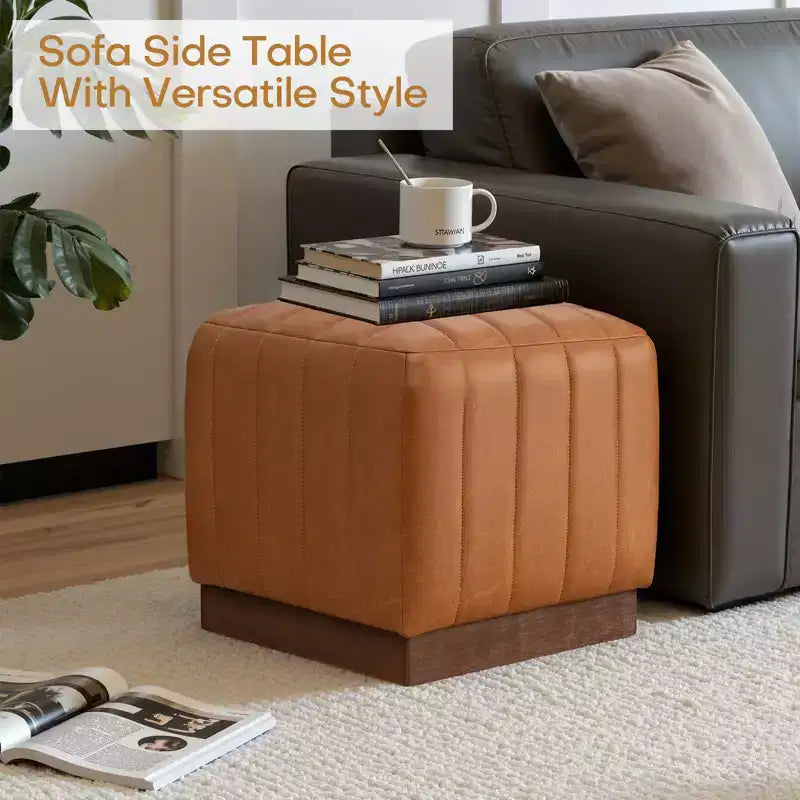 Pouf ottomano cubico con base effetto legno – Poggiapiedi imbottito, struttura in legno massello di acacia, capacità 227 kg