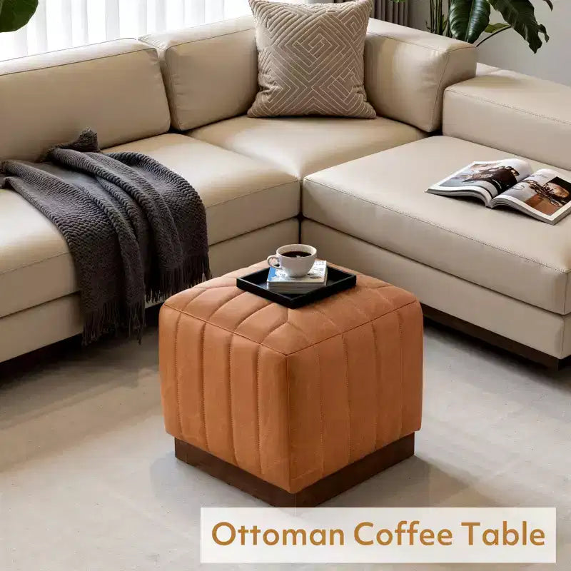 Pouf ottomano cubico con base effetto legno – Poggiapiedi imbottito, struttura in legno massello di acacia, capacità 227 kg