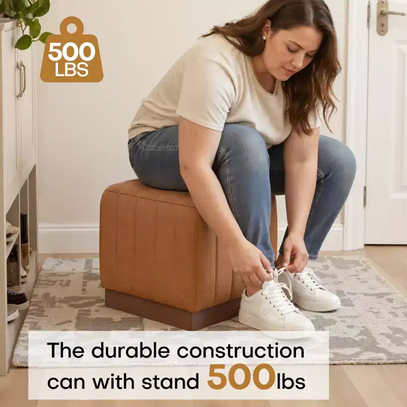 Pouf ottomano cubico con base effetto legno – Poggiapiedi imbottito, struttura in legno massello di acacia, capacità 227 kg