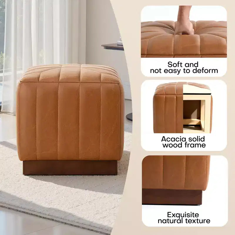 Pouf ottomano cubico con base effetto legno – Poggiapiedi imbottito, struttura in legno massello di acacia, capacità 227 kg