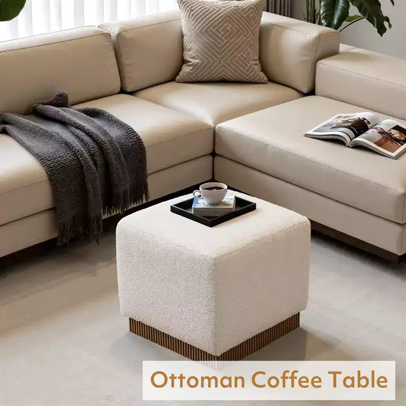 Pouf ottomano cubico con base effetto legno – Poggiapiedi imbottito, struttura in legno massello di acacia, capacità 227 kg