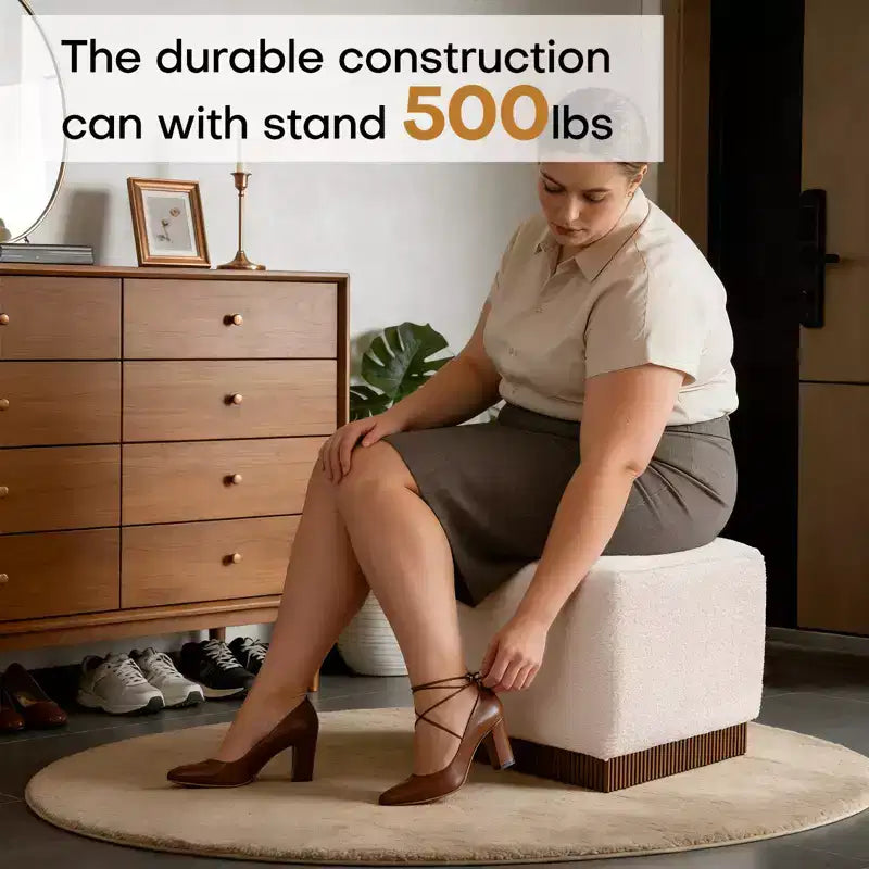 Pouf ottomano cubico con base effetto legno – Poggiapiedi imbottito, struttura in legno massello di acacia, capacità 227 kg
