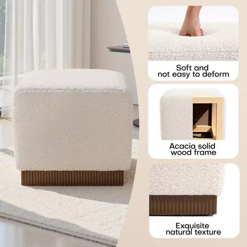 Pouf ottomano cubico con base effetto legno – Poggiapiedi imbottito, struttura in legno massello di acacia, capacità 227 kg