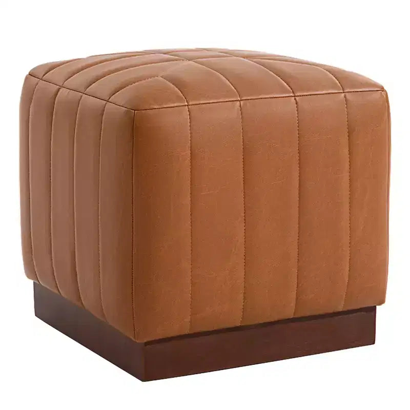 Pouf ottomano cubico con base effetto legno – Poggiapiedi imbottito, struttura in legno massello di acacia, capacità 227 kg