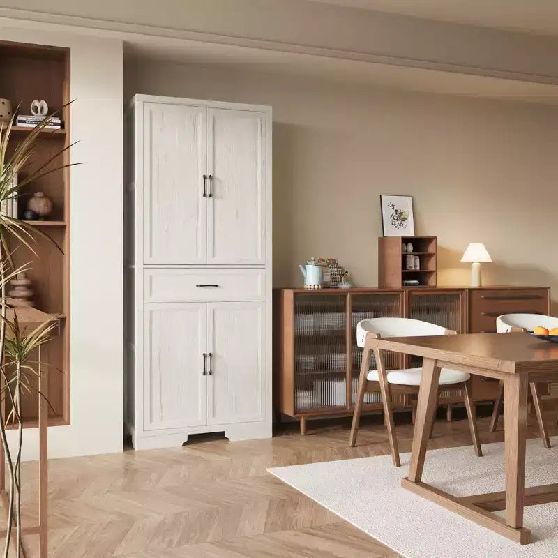 Mobile Dispensa da Cucina con Effetto Rovere Bianco, Ante Doppie e Cassetto