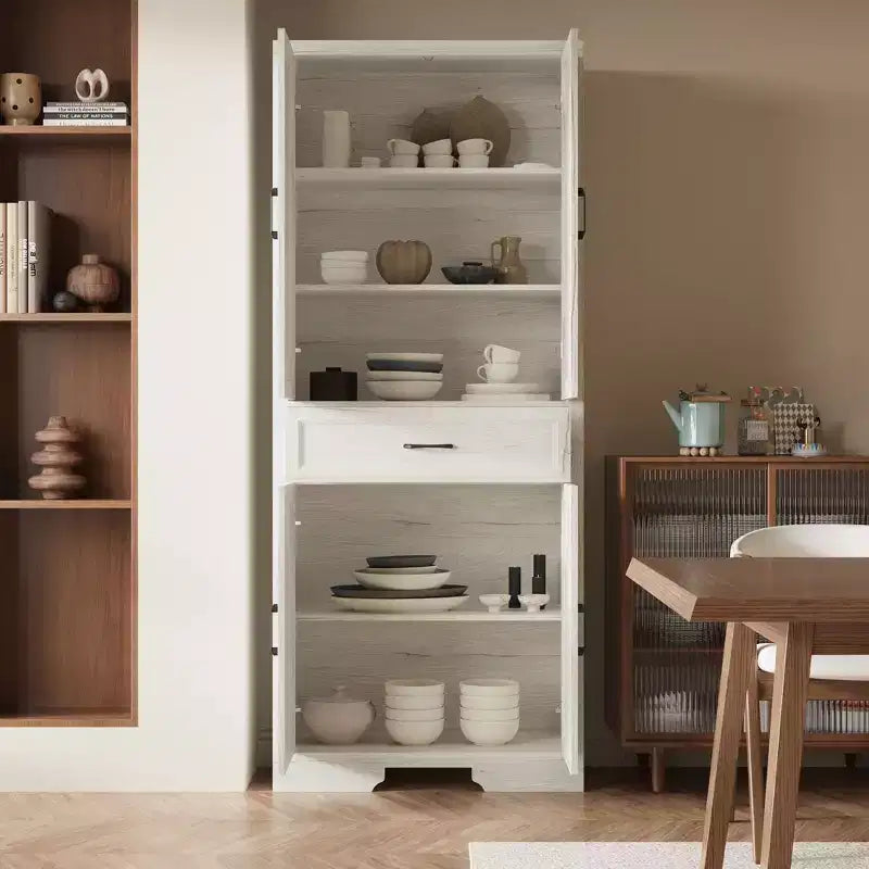 Mobile Dispensa da Cucina con Effetto Rovere Bianco, Ante Doppie e Cassetto