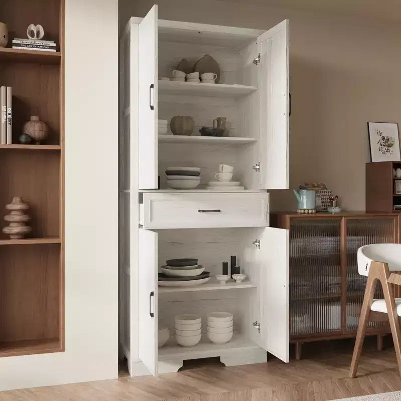 Mobile Dispensa da Cucina con Effetto Rovere Bianco, Ante Doppie e Cassetto