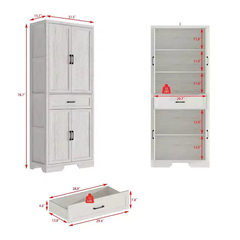 Mobile Dispensa da Cucina con Effetto Rovere Bianco, Ante Doppie e Cassetto