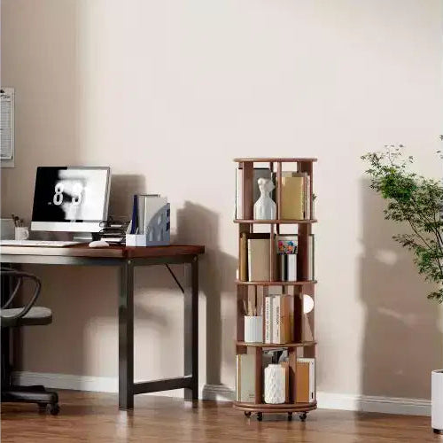 Libreria Girevole a Torre con Ruote – Legno Massello a 4/5/6 Livelli, Design Stretto per Piccoli Spazi